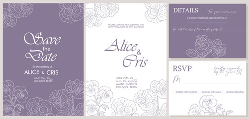 Elegant Wedding Invitation, Save the Date template. Minimalist botanical Wedding invitation card with trendy line art Pansy flowers Vector illustration in modern purple colors.