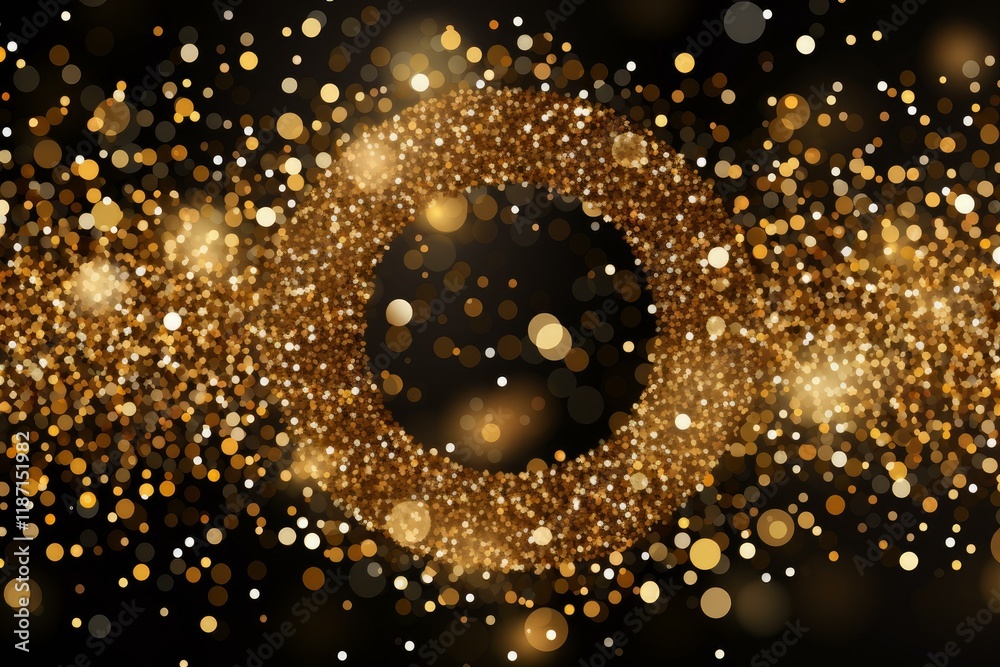 Poster golden particles swirling and creating a round frame with bokeh effect on black background