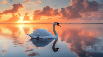 Fototapeta premium Swan gliding at sunset tranquil lake nature photography serene environment side view beauty of wildlife