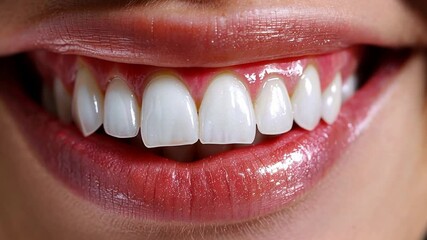 A close-up view highlights a vibrant smile featuring straight, white teeth and moisturized lips. The setting emphasizes dental health and cosmetic enhancement techniques.
