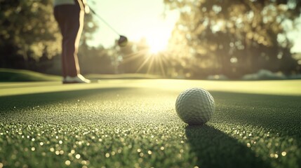 Golf ball resting on the putting green in the early morning light, with a golfer preparing to putt in the background, illuminated by the warm glow of the rising sun