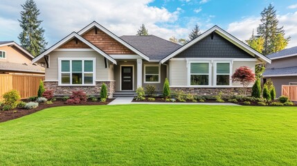 Modern craftsman style house with landscaped yard and green lawn.