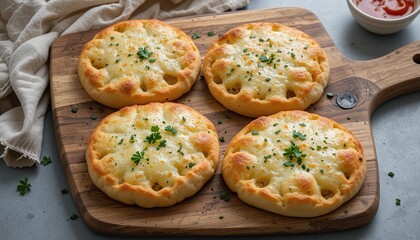 Freshly baked golden brown bread topped with melted cheese and sprinkled with chopped parsley. The simple composition highlights the appetizing warmth and rustic charm of the dish.