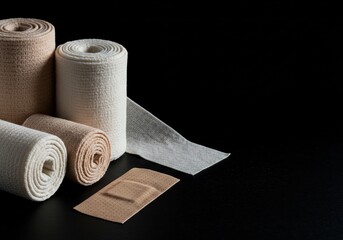Close-up of various medical bandages and a band-aid, meticulously rolled and arranged on a smooth black surface
