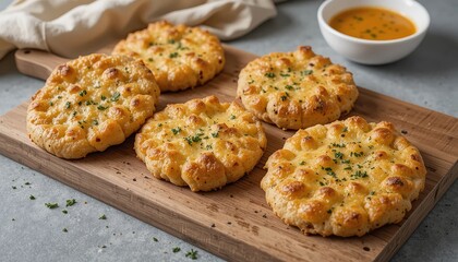 Fototapeta premium Freshly baked golden brown bread topped with melted cheese and sprinkled with chopped parsley. The simple composition highlights the appetizing warmth and rustic charm of the dish.