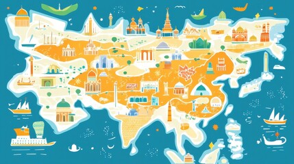 Fototapeta premium Colorful Map of Asia with Iconic Landmarks and Culture