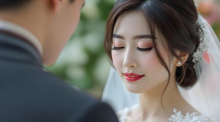 Fototapeta premium Wedding Couple Sharing a Romantic Kiss / ロマンチックなキスを交わすウェディングカップル