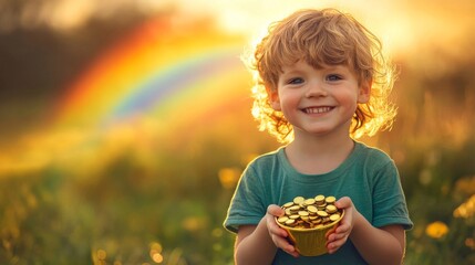 Naklejka premium Happy Child Holding Gold Coins Near Rainbow