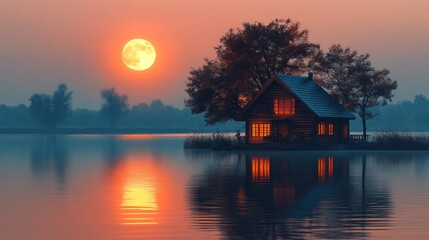 Fototapeta premium Lakeside cabin at sunset with full moon.
