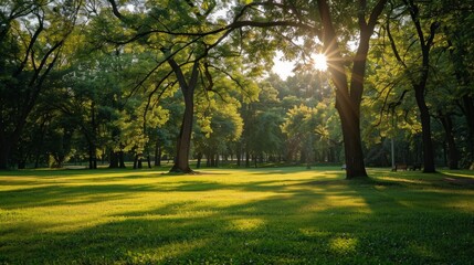 Fototapeta premium A sunny park with green trees and grass. Ideal for blogs about nature, ecology, outdoor recreation and landscaping.