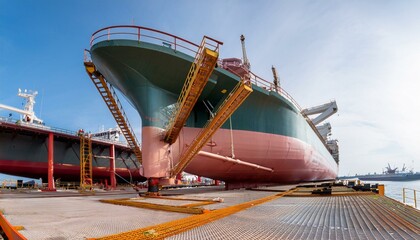 The undercarriage of a supertanker drying out in dock