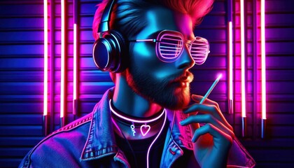Cyberpunk portrait, neon colors, vibrant hair, glowing round sunglasses, blue skin, retro-futuristic, synthwave aesthetic, pink and blue lighting, holographic effect, detailed facial features, high co