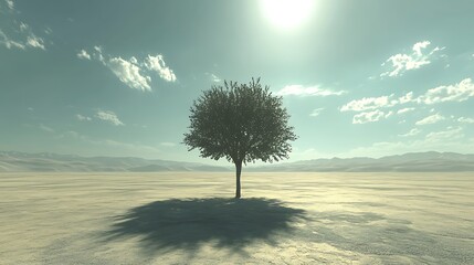 One tree standing alone in the center of a wide desert landscape