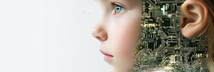 Portrait of a Young Girl Merging With Technology, Circuitry, and Holographic Elements
