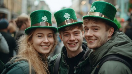 Three friends wear green shamrock hats at a celebration