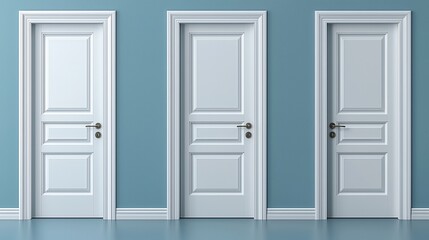 Three white interior doors on a blue wall.