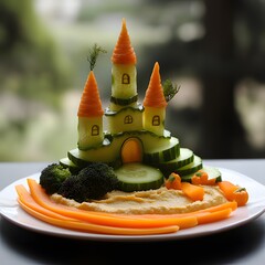 Fairy tale vegetable castle built with cucumber, bell pepper, and carrot layers, surrounded by hummus for a magical and nutritious food art concept perfect for kids and healthy lifestyles.