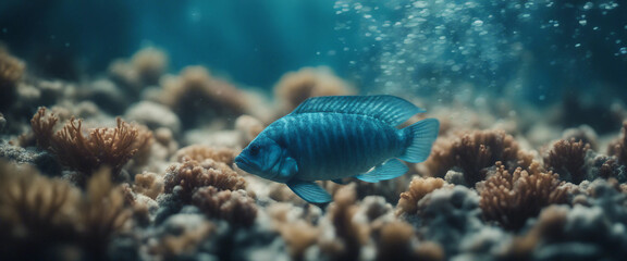 Underwater blue shining in deep of the sea