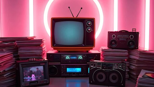 Retro Television and Audio Equipment with Pink Neon Light