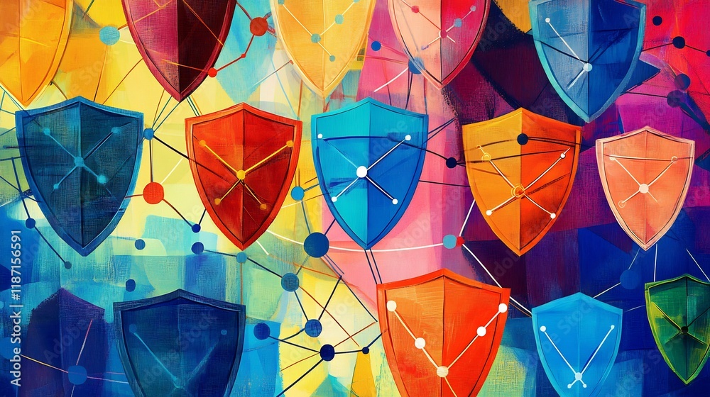 Poster Vibrant abstract rendering of consumer trust showcasing symbolic shields interconnected dots security