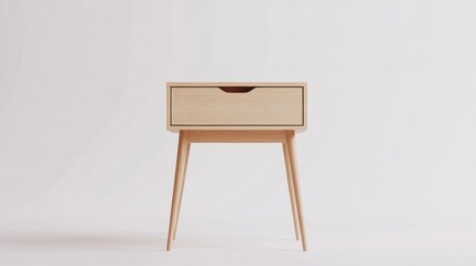 Minimalist light wood bedside table with single drawer on tapered legs against white background.