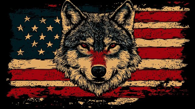 Wolf head portrait on distressed American flag.