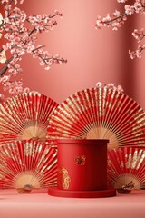 Festive Red Fans Cylinder Display Chinese New Year Decor