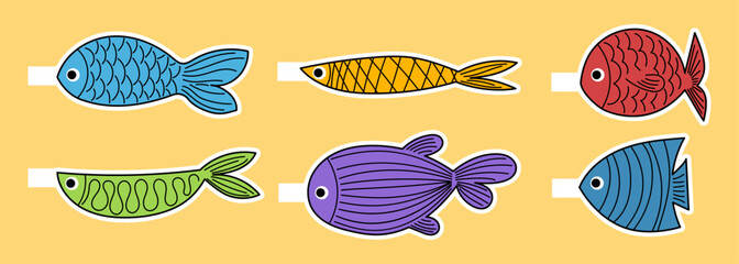 Poisson d'avril. Stickers for French April Fools Day on yellow background. Vector illustration