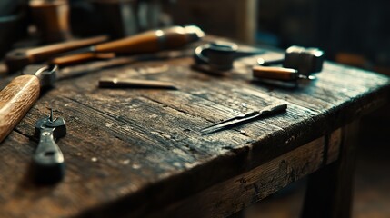 A close-up of a rustic wooden table with various tools, capturing the essence of craftsmanship and love for DIY projects