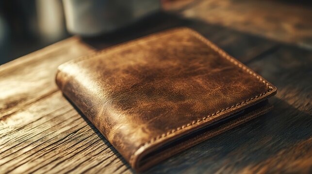 A close-up of a personalized leather wallet resting on a wooden table, exuding a sense of craftsmanship