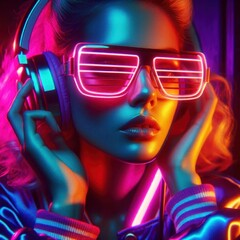 Cyberpunk portrait, neon colors, vibrant hair, glowing round sunglasses, blue skin, retro-futuristic, synthwave aesthetic, pink and blue lighting, holographic effect, detailed facial features, high co
