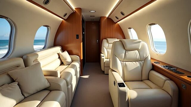 Luxurious Interior of a Private Jet with Seating and View