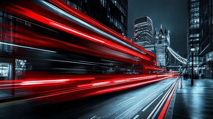 Blurry red bus speeding past Tower Bridge at night.