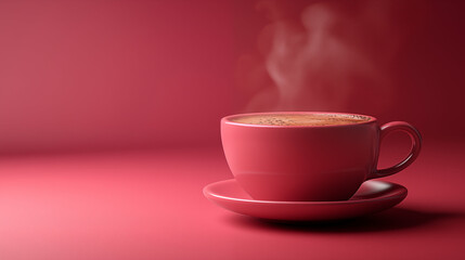 Fototapeta premium Red coffee cup steaming on monochrome background, minimalist morning concept