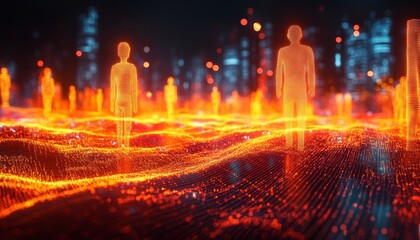 Fototapeta premium Glowing Silhouettes in Futuristic Abstract Digital Landscape Metaverse or Digital World Concept