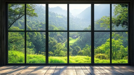 Naklejka premium Serene Mountain View from a Panoramic Window