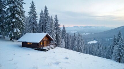 Snowy Hillside Log Cabin
