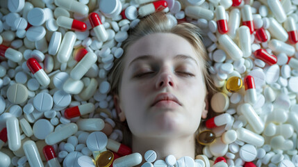 Woman surrounded by many pills.