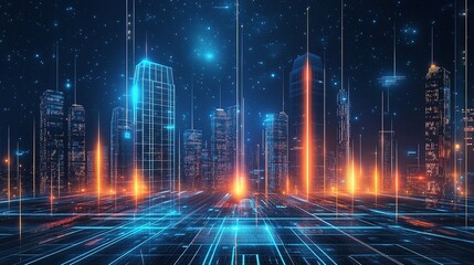 Fototapeta premium Futuristic Urban Skyline at Night with Neon Lights and Architecture