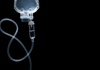This is a high-quality close-up of an intravenous (IV) bag and tubing, set against a pure black background