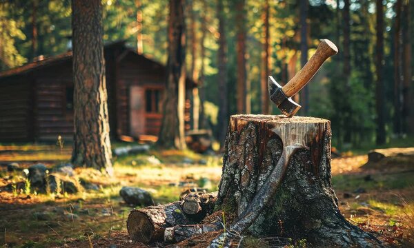 Axe embedded in tree stump, cabin forest, feels rustic and serene