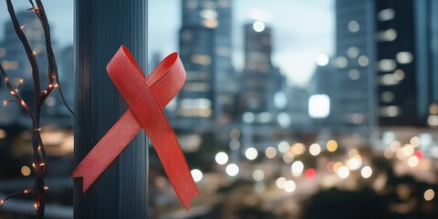 This image displays a red ribbon placed against a blurred city background, representing the globally acknowledged symbol of HIV/AIDS awareness and the ongoing fight for health and support.