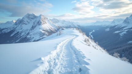 Fototapeta premium Snowy Mountain Trail with Footsteps