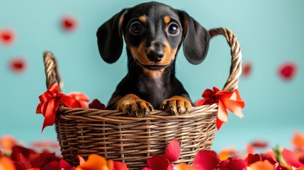 Cute Dachshund in a Flower Basket