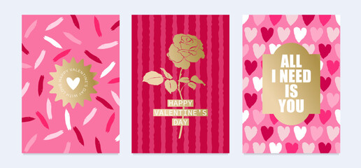 Set of Happy Valentines Day greeting cards with gold elements. Modern designs with hearts, gold rose illustration and abstract elements. Template for greeting cards, invitations, posters, and banners