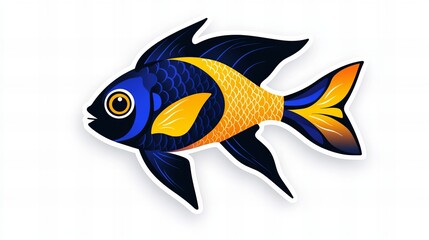 Vibrant illustration of a tropical fish, showcasing its bold blue, black, and orange colors against a white background.