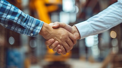 Two engineer shaking hands with deals and congratulations on success, panorama image use for cover design.
