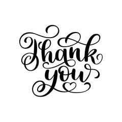 Thank you lettering in script style decorated by heart. Black letters on white background. Brush hand written calligraphy style with flourish