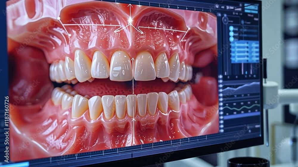 Poster a detailed visualization of healthy teeth and gums appears on a computer screen in a modern dental c