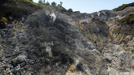 Aerial view of Solfatara in Pozzuoli, near Naples, Italy. It is a shallow volcanic crater part of...